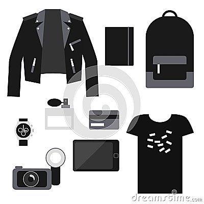 Lifestyle set: total black trendy clothes. Unisex casual outfit. Stock Photo