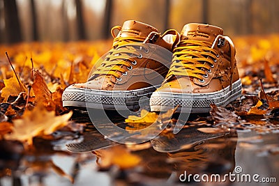 Lifestyle shot Stylish sneakers tread on fallen leave Stock Photo