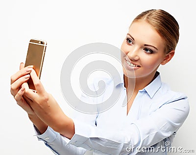 Lifestyle, tehnology and people concept: Beautiful blond woman Stock Photo