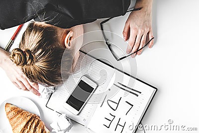 Lifestyle tired business woman top view mock up Stock Photo