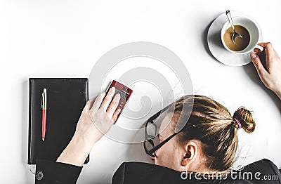 Lifestyle tired business woman top view mock up Stock Photo