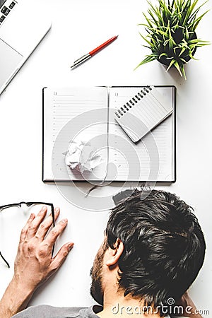 Lifestyle tired businessman top view mock up Stock Photo