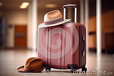 Lifestyle vacation holiday trunk journey handle trip suitcase airport luggage traveler baggage hat Stock Photo