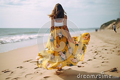 lifestyle woman summer sea fashion beach sky beautiful hippie dress person. Generative AI. Stock Photo