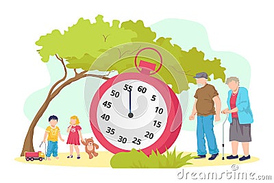 Lifetime concept, old person and young children generation, vector illustration. Age cycle at huge life timer, adult man Vector Illustration