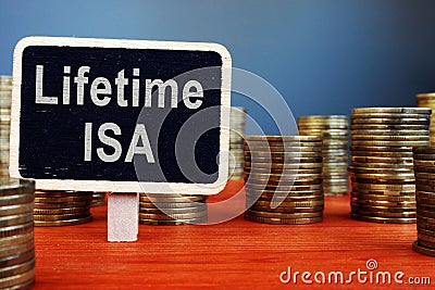 Lifetime ISA Individual Savings Account sign and coins Stock Photo