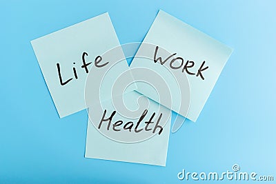 Lifework and health balance concept. Stickers with life, work and balance caption on a blue background Stock Photo