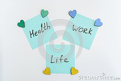 Lifework and health balance concept. Stickers with life, work and balance text with tiny colorful hearts Stock Photo