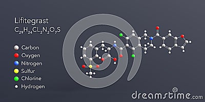 lifitegrast molecule 3d rendering, flat molecular structure with chemical formula and atoms color coding Stock Photo