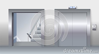 Lift door and stairs in lobby realistic vector Cartoon Illustration