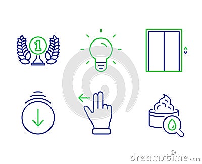 Lift, Laureate award and Scroll down icons set. Touchscreen gesture, Light bulb and Moisturizing cream signs. Vector Vector Illustration