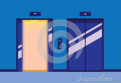Lift up and down, door open and closed in elevator hallway flat illustration vector Vector Illustration