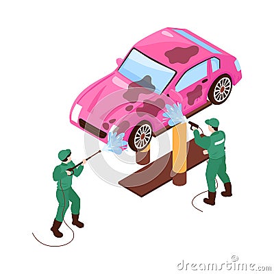 Lifted Car Washing Composition Cartoon Illustration