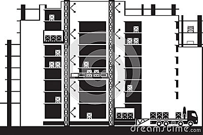 Lifting of construction materials to floors of building by hoist Vector Illustration