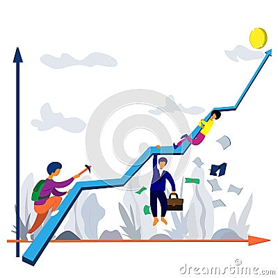 Lifting people along the success curve, ups and downs. Success chart and people. Illustration on a business theme. Vector Illustration