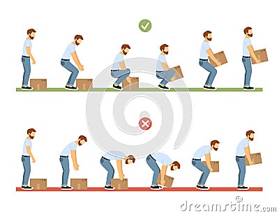 lifting technique. safety moving and load heavy objects body ergonomic positions. Vector cartoon infographic templates Vector Illustration