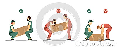 lifting technique. workers load heavy boxes safety and body ergonomic positions. Vector illustrations in cartoon style Vector Illustration