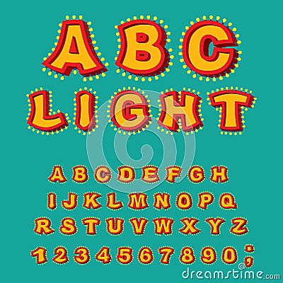 Light ABC. Retro Alphabet with lamps. Glowing letters. font pointer with shine bulb. Vintage Glittering lights lettering Vector Illustration