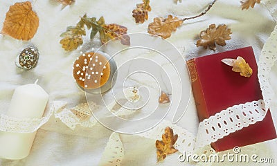 Light academia autumnal theme pin cushion, lace, book, and candle, with ivory dressmaking pins. Arranged on a linen and lace flat Stock Photo