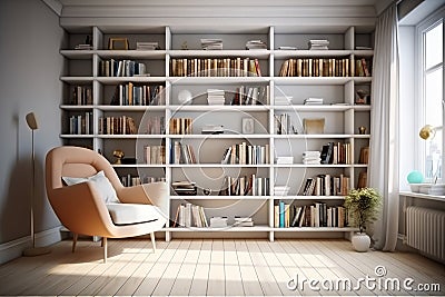 light armchair near a large bookcase on gray wall background in living room Stock Photo