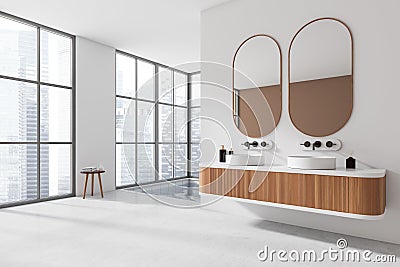 Light bathroom interior with double sink and swimming pool, panoramic window Stock Photo