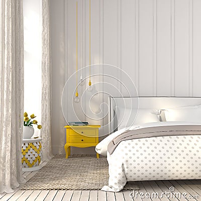 Light bedroom with yellow bedside table Stock Photo