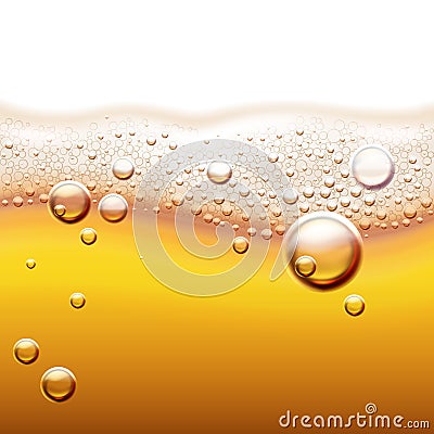 Vector illustration of fresh light beer with gas bubbles. Amber liquid background with wave and foam Vector Illustration