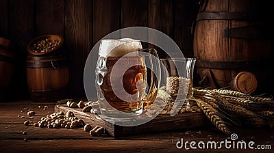 Light beer in a glass, ears of wheat and nuts on a wooden background. Stock Photo