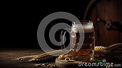 Light beer in a glass, ears of wheat and nuts on a wooden background. Stock Photo