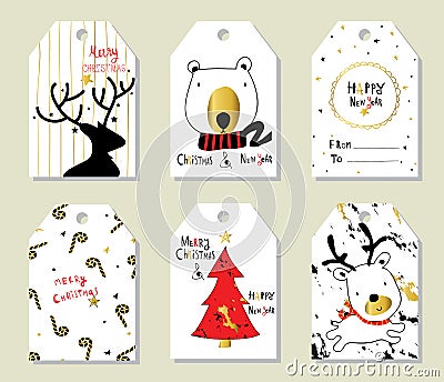 Light black red gold love christmas price tag with tree and bear Vector Illustration