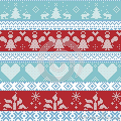 Light blue, blue, white and red Scandinavian Nordic Christmas seamless cross stitch pattern with angels, Xmas trees, rabbits, snow Vector Illustration