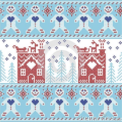 Light blue, dark blue and red Scandinavian Nordic Christmas seamless pattern with gingerbread man , stars, snowflakes, ginger hou Vector Illustration