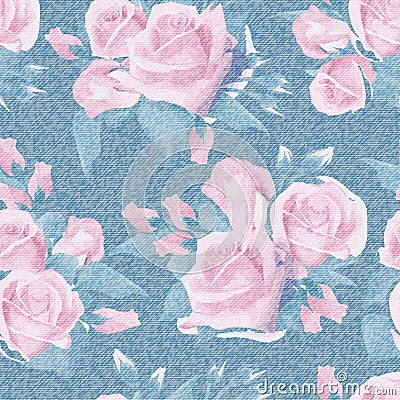 Light blue denim with colorful floral pattern. Beautiful english rose floral seamless background. Realistic roses hand Vector Illustration