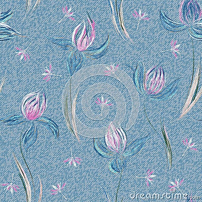 Light blue denim with colorful floral pattern. Beautiful floral seamless background. Hand draw crocus ornament. Vector Vector Illustration