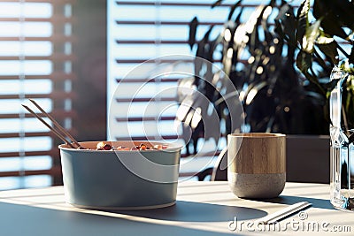 Light dish plate with chopsticks and stylish mug on wooden table. 3d rendering. Stock Photo