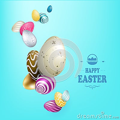 Light blue Easter composition with a set of eggs of various colors Vector Illustration