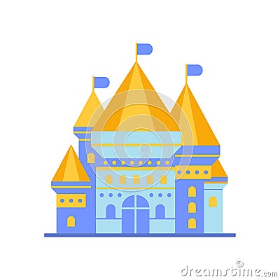 Light blue fairytale royal castle or palace building with golden roof vector illustration Vector Illustration