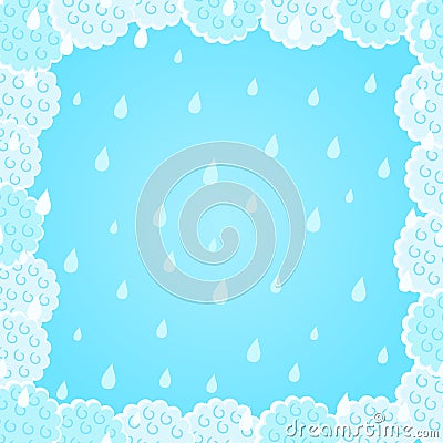 Light Blue Fluffy Cloud Frame with Rain Background Vector Illustration