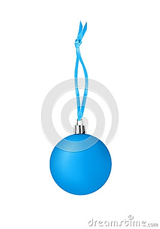 Light blue glass ball hanging on ribbon on white background isolated close up, Ð¡hristmas tree decoration, shiny round bauble Stock Photo