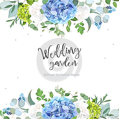 Light blue hydrangea, white rose, forget me not wildflowers, euc Vector Illustration