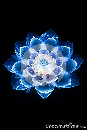 Light Blue lotus rose blooms at night on surrounded madala floor, beautiful blue lotus flowers, Fantasy magic flower, blue light Stock Photo