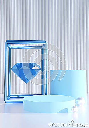 Light blue podium with Blue diamond. Beauty fashion backdrop for smartphone. Stock Photo