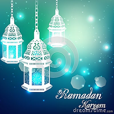 Light blue ramadan kareem background with Illuminated lamp Vector Illustration