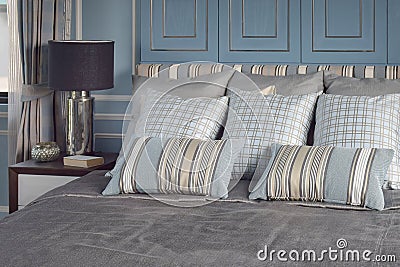 Light blue romantic style bedroom with pattern and texture of bedding Stock Photo