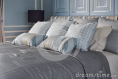 Light blue romantic style bedroom with pattern and texture of bedding Stock Photo