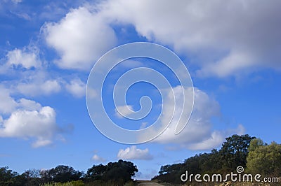 Beautiful blue sky with big white clouds, line of land with green trees and bushes. Seville, Spain Stock Photo