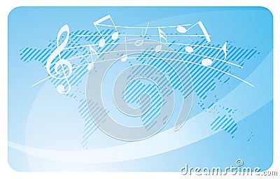 light blue vector card with curved music notes and abstract world map Vector Illustration