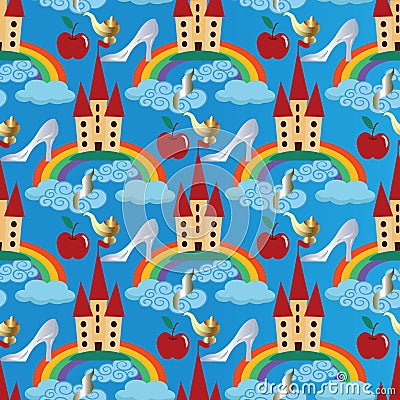 Light blue vector seamless pattern background wallpaper illustration with fairytale castle, colorful rainbow, blue clouds, prince Vector Illustration