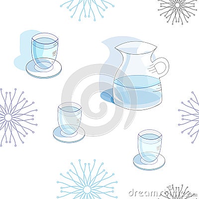 Light Blue Water Jug Glasses of Water Seamless Repeat Pattern Cartoon Illustration