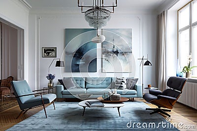 Light blue and white minimalistic stylish living room, couch and a armchair, pillows and a coffee table and a abstract Stock Photo